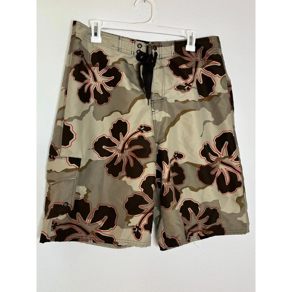 No Boundaries Mens Board Shorts Size 34 Desert Camo Hibiscus Floral Swim Trunks